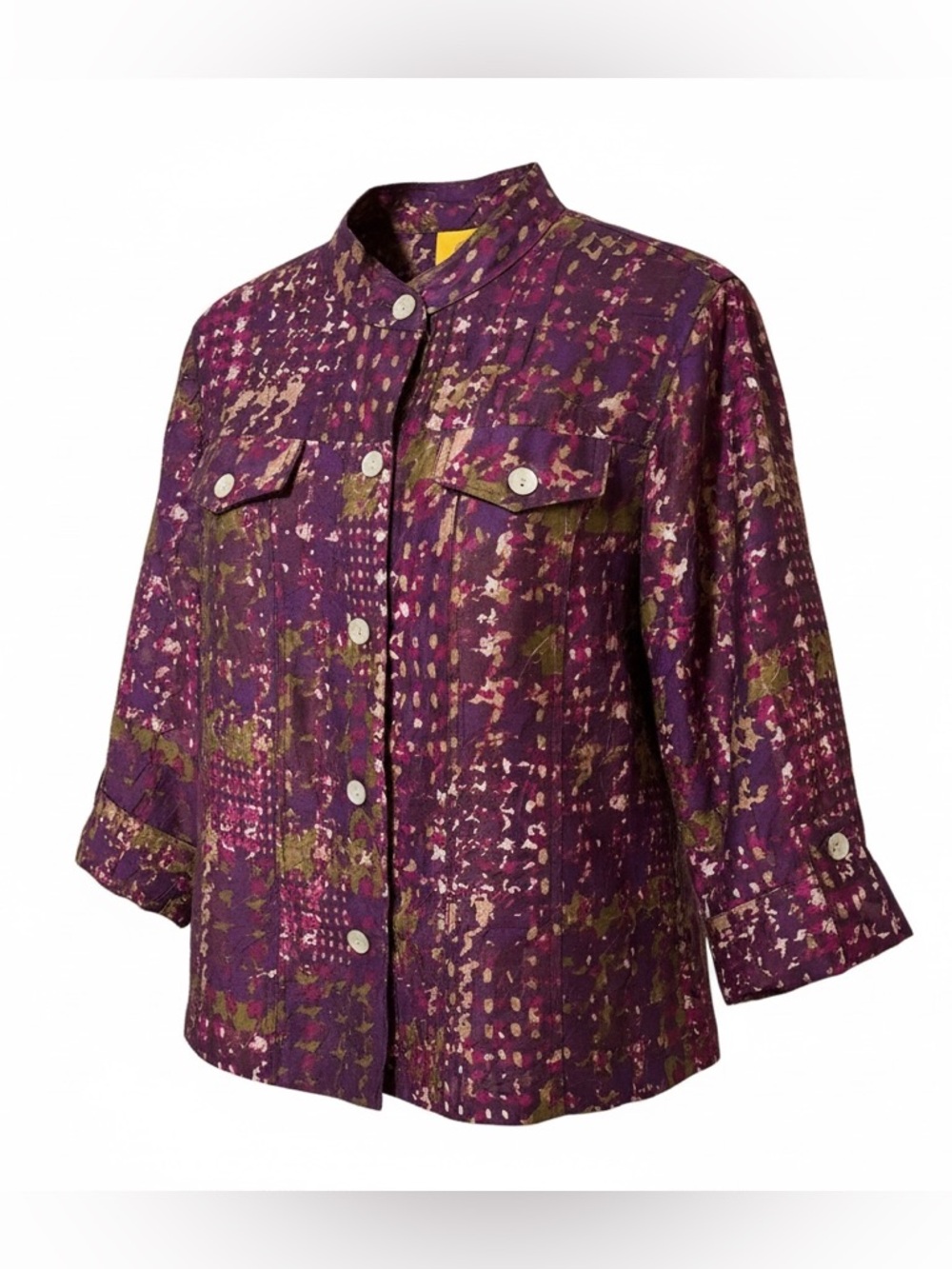 RUBY RD. purple button up 3/4 sleeve collarless top multi color abstract sz 10